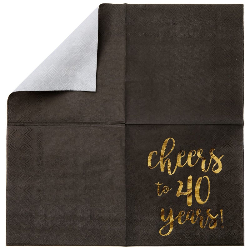 BLUE PANDA 40th Birthday Napkins - 5 x 5 In, 50-Pack, 3-Ply, Black & Gold Foil - Cheers to 40 Years & Cocktail Napkins for Birthday Party Decor - Image 5